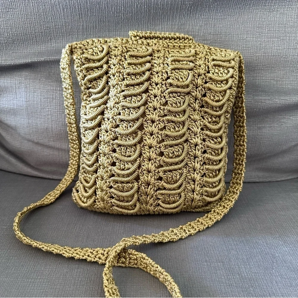 Vintage Handmade Crochet Floral Gold Cross Bag